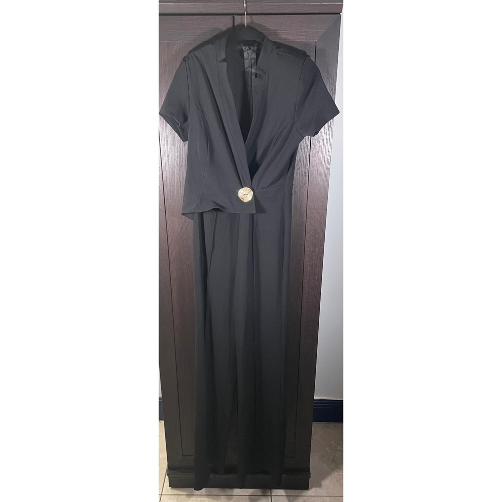 Fashion Nova Womens Black Short Sleeve Wide Leg Jumpsuit Gold Button Size M NWT